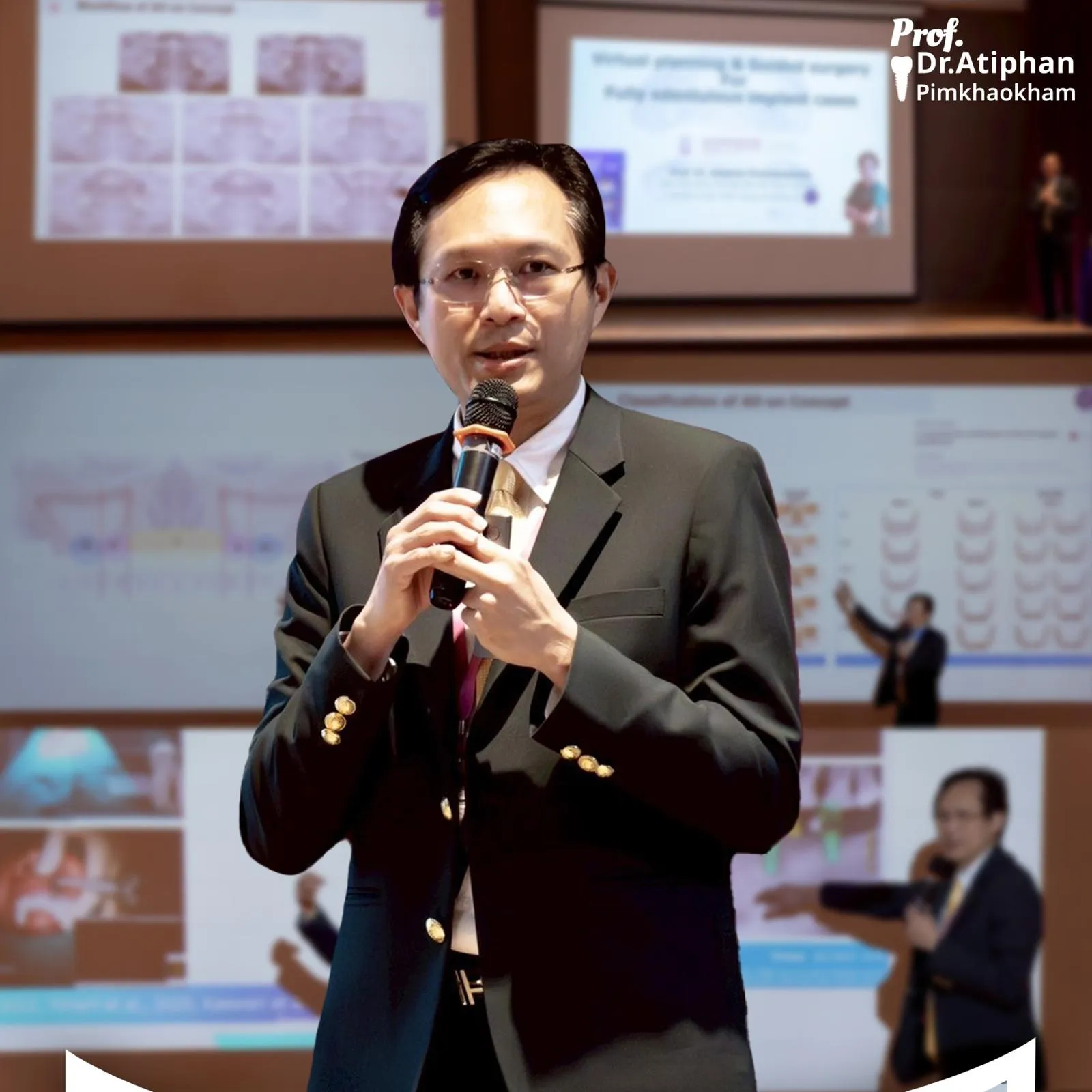 Prof. Dr. Atiphan Pimkhaokham lecturing on full-arch implant treatment.