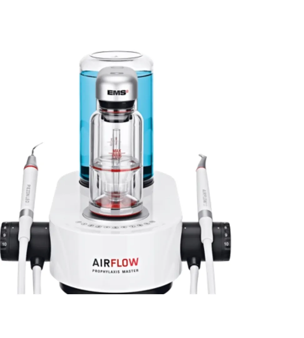 เครื่อง EMS AirFlow Prophylaxis Master พร้อมหัวจ่ายสองหัว บนพื้นหลังสีขาว